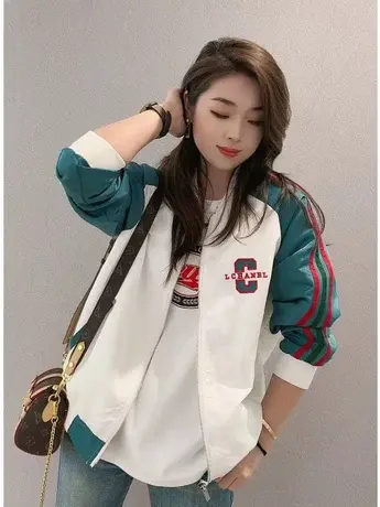撞色棒球服外套女春夏2023新款小个子开衫C字母休闲短款防晒夹克商品大图
