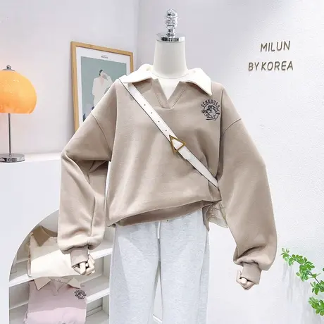 2023春秋新款上衣韩国东大门棒球小熊拼色polo翻领长袖卫衣宽松女商品大图