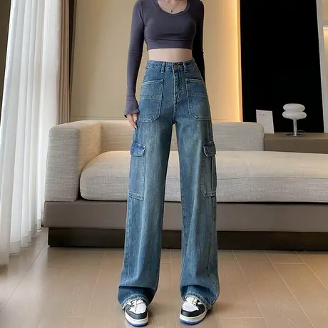 美式工装阔腿牛仔裤女2023年春秋新款高腰显瘦宽松直筒垂感拖地裤商品大图