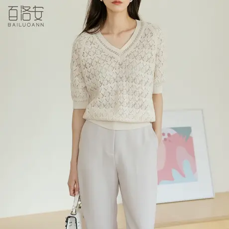 百洛安轻薄短袖针织上衣女V领勾花镂空套头小衫夏季宽松慵懒罩衫图片