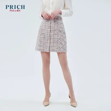PRICH【直播专享】半身裙小香风花纹单排扣短款中高腰A字裙裙子女图片