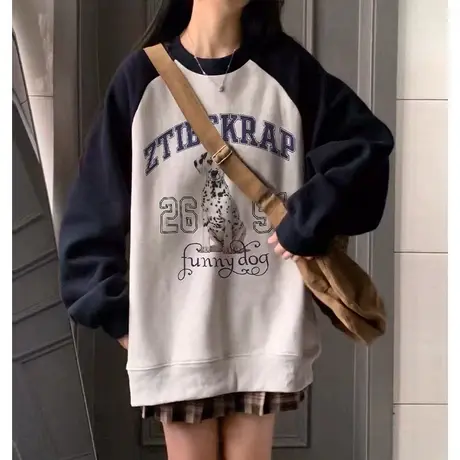 美式复古插肩袖卫衣女春秋薄款宽松拼接设计感小众上衣慵懒风外套商品大图