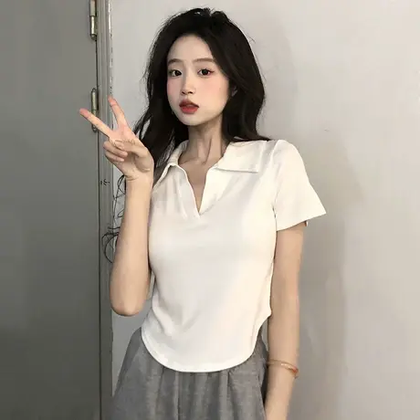 纯色polo衫v领t恤女美式正肩短袖夏季纯欲风辣妹修身短款翻领上衣商品大图