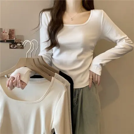 短款方领正肩德绒打底衫女内搭加绒加厚秋冬修身长袖T恤保暖上衣图片