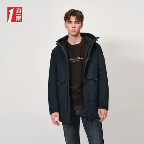 海一家连帽中长款外套冬季保暖舒适简约时尚休闲男士羽绒服图片