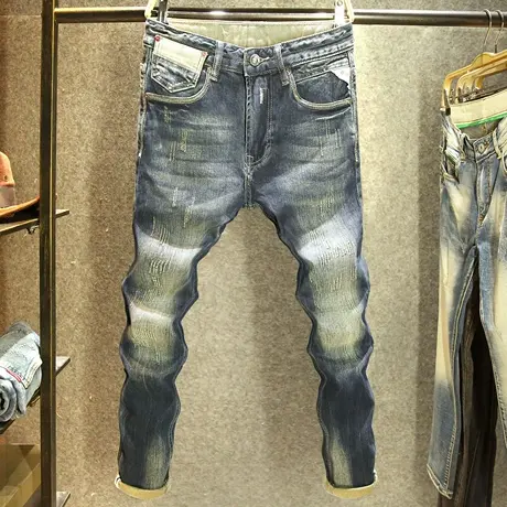 潮牌猫爪男士牛仔裤修身小直筒弹力长裤秋冬款复古怀旧耐磨裤子厚商品大图