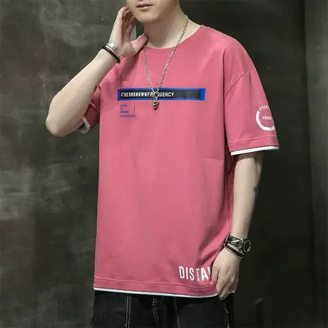 夏季夏天纯棉圆领假两件短袖T恤男士宽松内搭打底衫男装夏装体恤商品大图