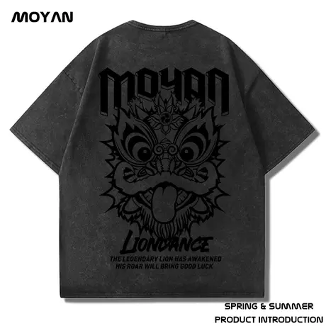 水洗做旧复古重磅潮牌宽松T恤美式醒狮短袖半袖纯棉加肥加大码男商品大图