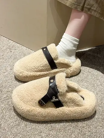 冬天毛毛鞋女外穿2023年新款百搭厚底一脚蹬豆豆鞋网红加绒棉鞋子图片