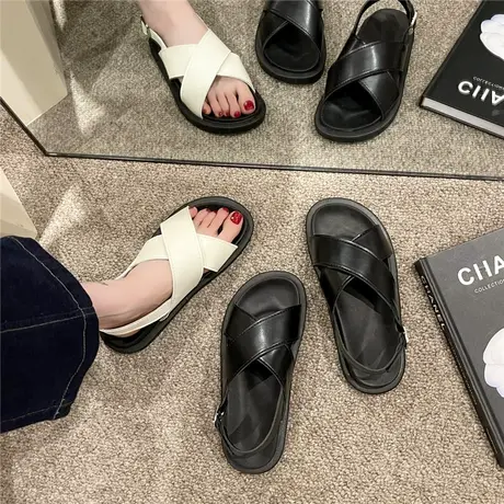 黑色凉鞋女2024新款百搭夏季网红厚底松糕韩系ins潮一字带罗马鞋商品大图