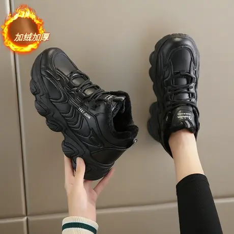 高帮皮鞋女加绒棉鞋全黑色运动鞋冬厚底皮面工作鞋防水防滑老爹鞋商品大图