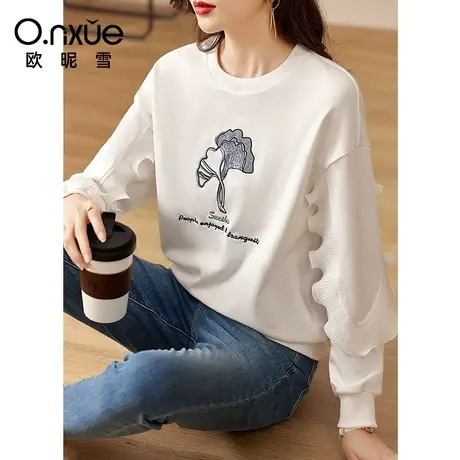 欧昵雪2023秋季新款休闲圆领蒲公英绣花卫衣女长袖宽松上衣慵懒风商品大图