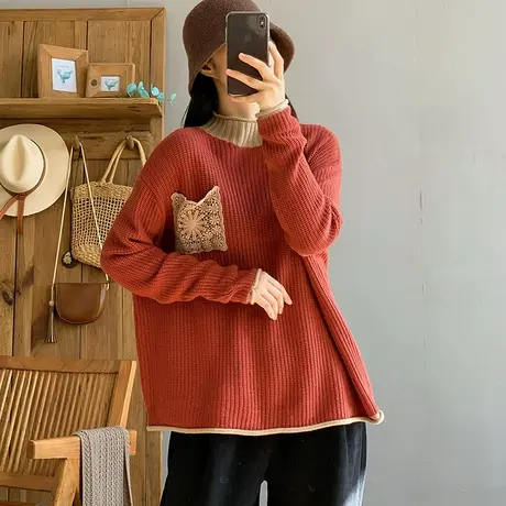 dza 复古半高圆领粗毛线针织上衣女士秋冬内搭打底衫宽松口袋毛衣商品大图