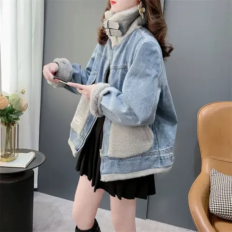 韩版bf风加绒加厚立领牛仔外套女2023新款秋冬宽松小个子百搭上衣商品大图