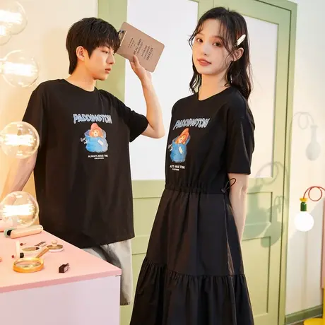唐狮夏季短袖T恤女七夕情侣装一衣一裙可收腰T恤裙小熊印花孕妇裙商品大图
