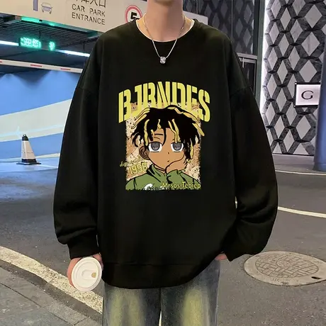 美式高街西海岸卫衣男春秋季宽松无帽上衣潮牌长袖圆领套头打底衫图片