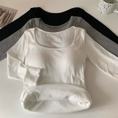 小个子短款方领德绒长袖T恤女冬季内搭打底衫修身显瘦上衣ins潮牌商品大图