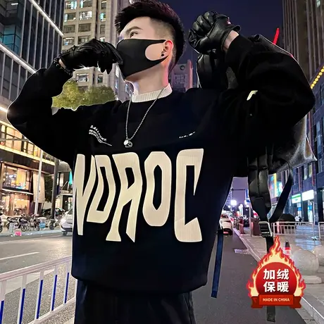 字母半高领加绒卫衣男冬季2023新款假两件潮牌宽松保暖内搭上衣图片