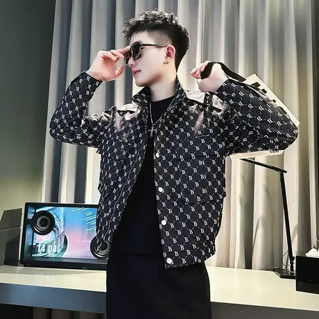 春季ins潮牌夹克痞帅上衣2023新款男装褂子潮牌翻领字母满印外套商品大图