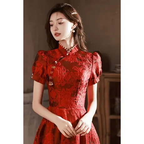 旗袍敬酒服新娘夏季酒红色结婚订婚回门礼服连衣裙中式钉珠中长款商品大图