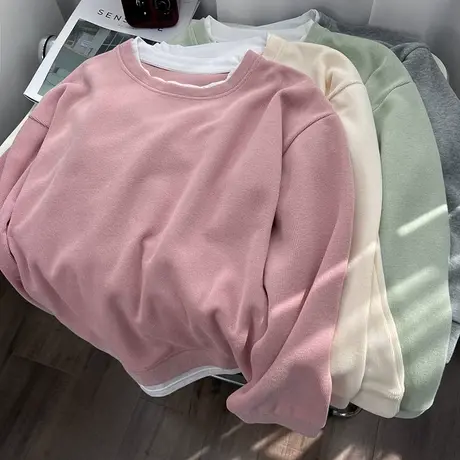 假两件粉色圆领卫衣女春秋薄款2024年新款减龄小个子韩版宽松上衣图片