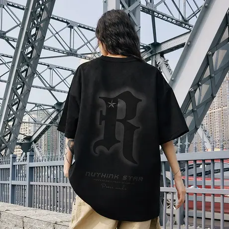 美式高街麂皮绒情侣短袖潮牌情侣装刺绣字母T恤男潮宽松半袖上衣商品大图