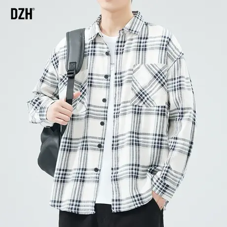 男士条纹长袖衬衫男春秋季高级感宽松格子衬衣外套2024年新款寸衫商品大图