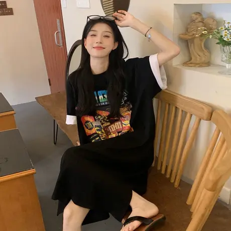 中长款t恤连衣裙女ins夏季2022新款宽松下衣失踪oversize半袖上衣商品大图