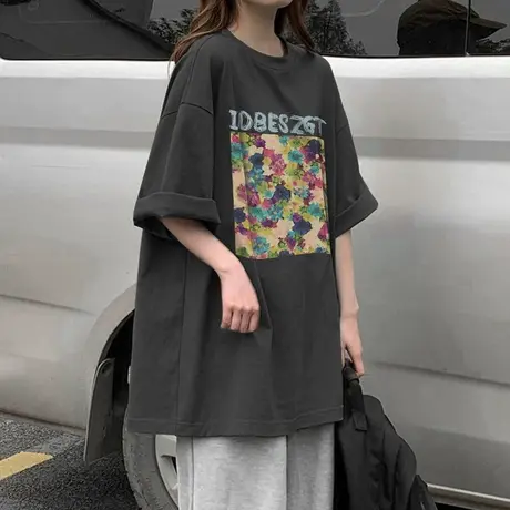 纯棉设计感美式复古短袖t恤女夏季小众宽松半袖大码胖mm显瘦上衣商品大图