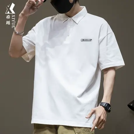 希越纯棉短袖POLO衫男2024春夏宽松大码潮流夏季成熟风白色五分袖商品大图
