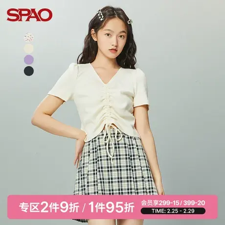 SPAO女士T恤夏季新款坑条抽绳短款上衣V领短袖SPRWC23S31图片