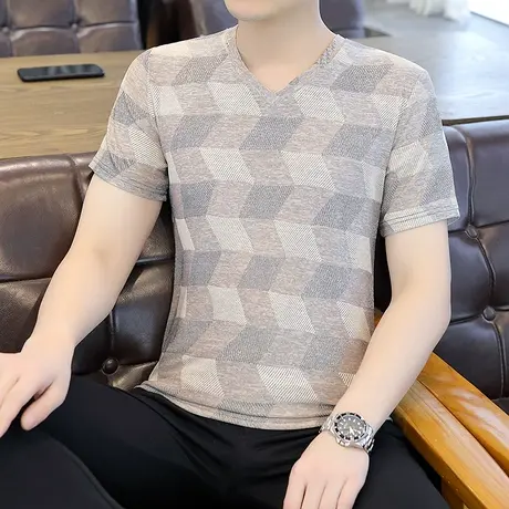 男士短袖T恤潮牌半袖体恤夏季冰丝男装个性提花男款上衣服打底衫商品大图