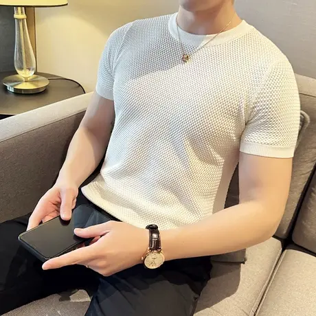夏季华夫格薄款针织短袖T恤纯色修身肌理感半袖上衣轻熟内搭体恤商品大图
