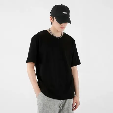 街派新款圆领黑白色纯棉短袖t恤基础男女宽松休闲嘻哈情侣打底衫商品大图