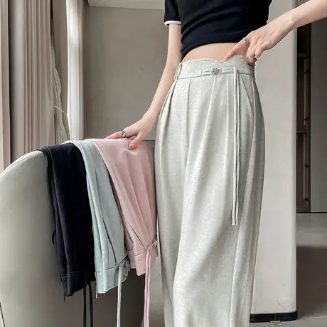 新中式盘扣冰丝西装裤女夏季薄款垂感窄版阔腿裤粉色高腰直筒裤潮商品大图