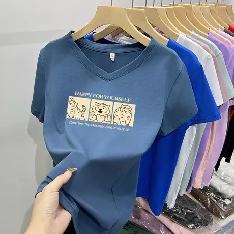 正肩t恤女v领短袖宽松显瘦ins潮大码女装夏季凉感上衣洋气遮肚子图片