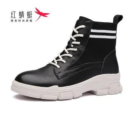 红蜻蜓女鞋女靴秋冬厚底马丁靴休闲百搭弹力高帮牛皮系带舒适透气商品大图