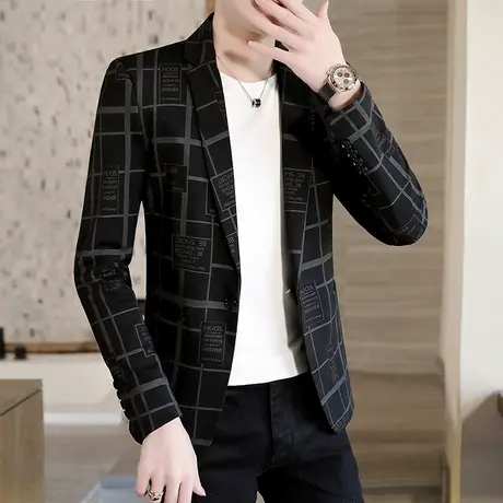 男士休闲格子西服韩版痞帅外套上衣2023新款男装潮牌春秋装小西装商品大图