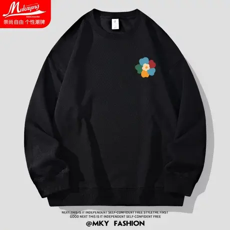 五色小花潮流圆领卫衣男女宽松大码春秋季潮流黑色简约设计感上衣商品大图