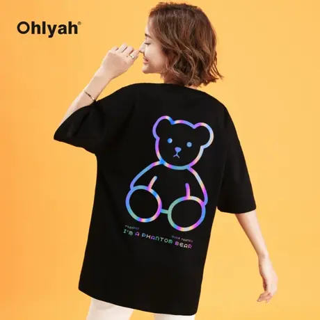 Ohlyah品牌 反光小熊图案情侣装夏装t恤女男宽松短袖纯棉上衣学生商品大图