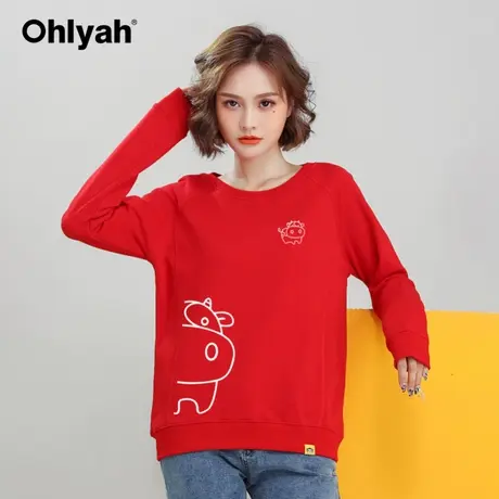 Ohlyah品牌新年红色卫衣女情侣装宽松圆领本命牛年上衣工作服定制商品大图