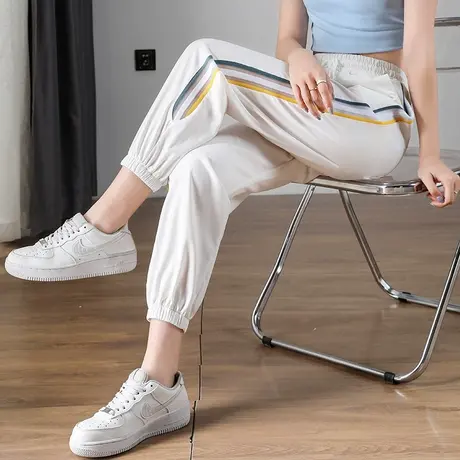 白色冰丝运动裤女宽松夏季薄款休闲小个子哈伦时尚卫裤束脚灯笼裤商品大图