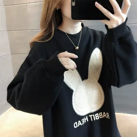 兔子刺绣宽松卫衣减龄百搭款2023秋冬加绒加厚小个子学生女士上衣商品大图