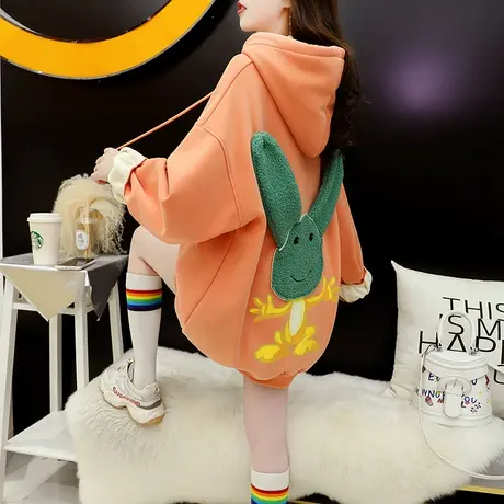 加绒加厚连帽卫衣女中长款2023年新款秋冬洋气减龄宽松设计感外套商品大图