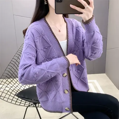 v领针织开衫女2023秋装新款宽松慵懒风外穿上衣加厚外搭毛衣外套商品大图