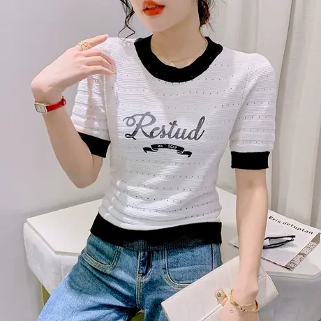 欧货时尚拼色针织短袖女设计感小众洋气上衣夏季时尚高腰短款T恤商品大图