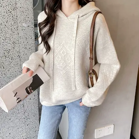 连帽针织卫衣女2023秋季新款ins经典菱形暗纹套头毛衣宽松洋气女商品大图