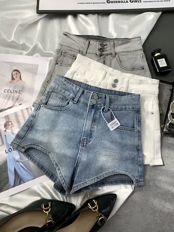 韩国复古磨白牛仔短裤女2023春夏新款显瘦百搭弹力包臀高腰阔腿裤商品大图