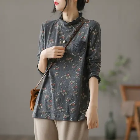 dza文艺复古早秋新品长袖打底衫女士半高领宽松t恤女时尚洋气上衣商品大图