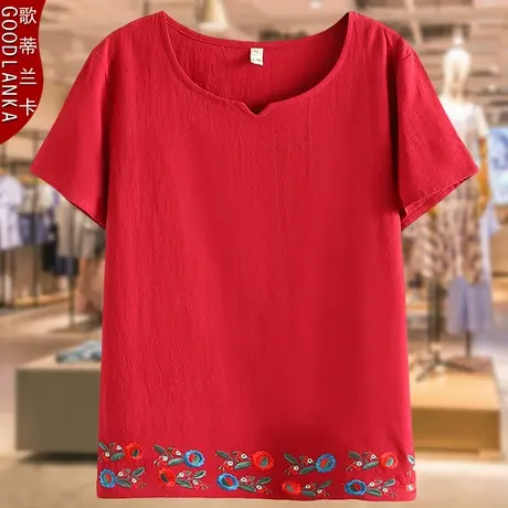 中年妈妈夏装短袖上衣纯棉绣花2022新款加肥加大码女宽松T恤200斤商品大图